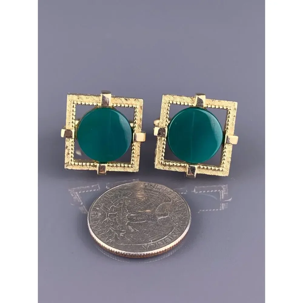 Green Jade Nephrite Stone Cufflinks Gold Plated Open Frame Square Swank Vintage